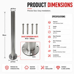 Stainless Surface Mounted Bollard, 90 x 9cm