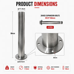 Stainless Surface Mounted Bollard, 90 x 11.4cm