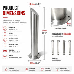 Stainless Surface Mounted Bollard, 90 x 14cm