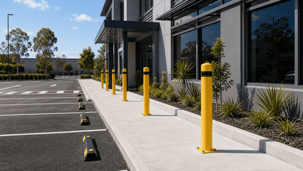 Parking bollards protecting a walkway beside an Australian commercial car park
