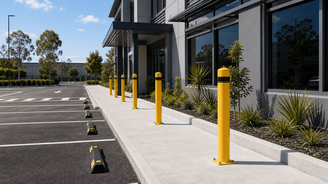 Parking bollards protecting a walkway beside an Australian commercial car park
