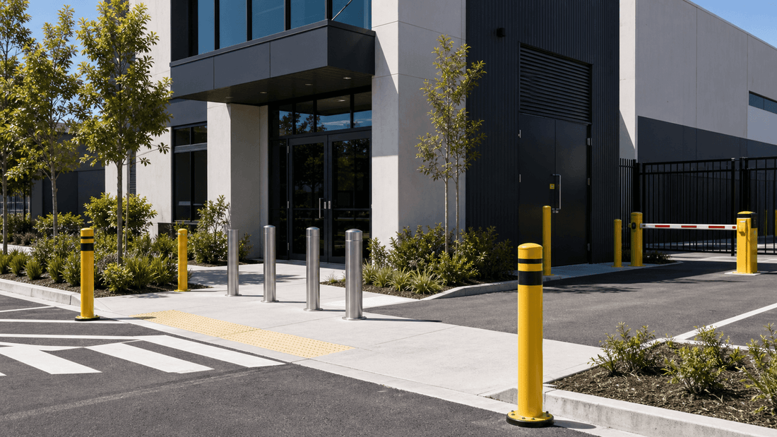 Different bollard types used around an Australian commercial property entrance