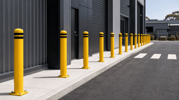 Fixed bollards installed outside an Australian industrial building