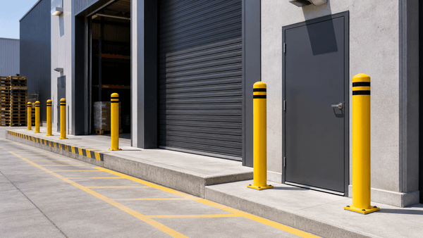 Fixed bollards protecting an Australian warehouse doorway and loading edge