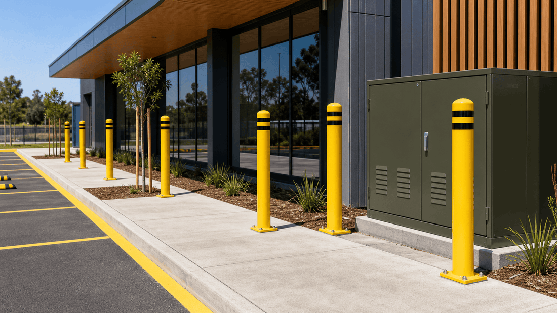 Parking bollards protecting an Australian commercial frontage and pedestrian edge