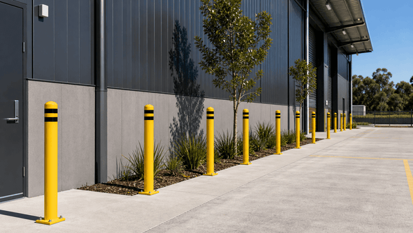 Fixed bollards installed outside an Australian commercial or industrial building