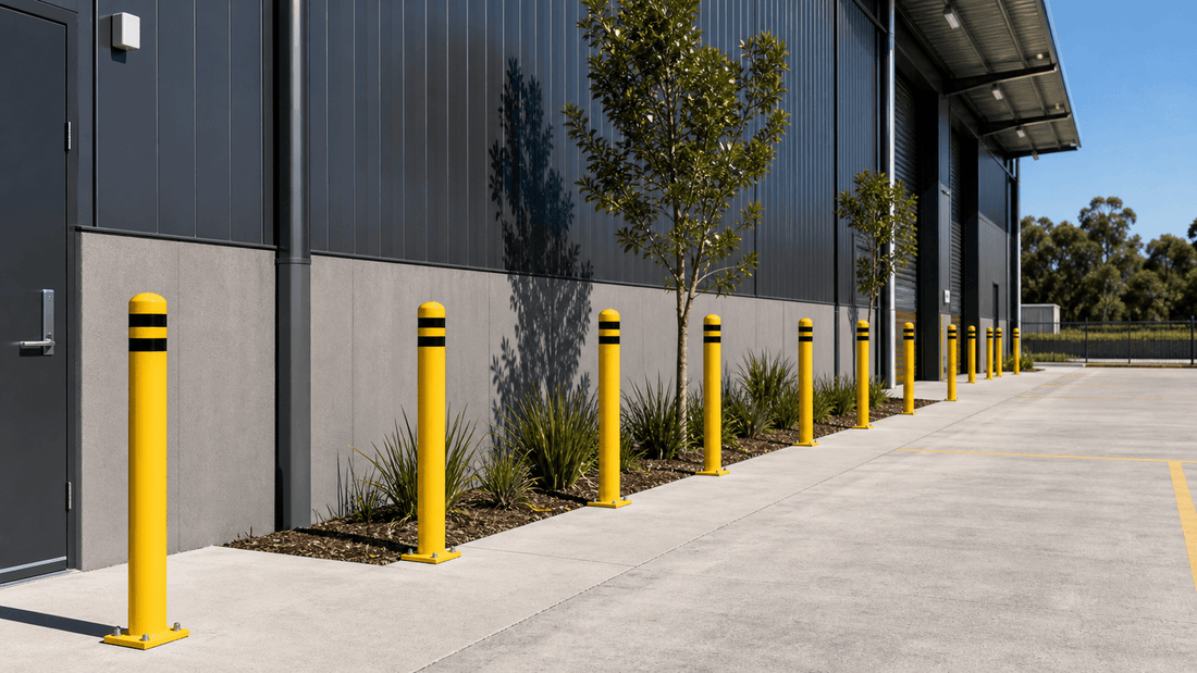 Fixed bollards installed outside an Australian commercial or industrial building