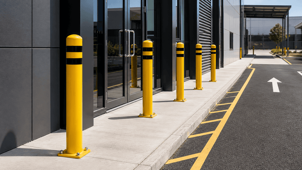 Parking bollards planned into an Australian commercial site layout near walkways and building edges