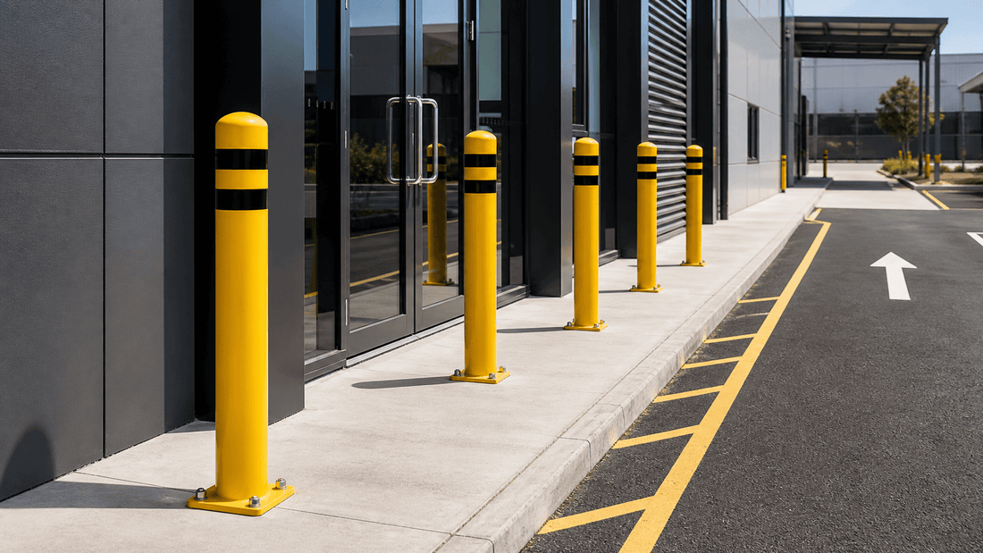 Parking bollards planned into an Australian commercial site layout near walkways and building edges