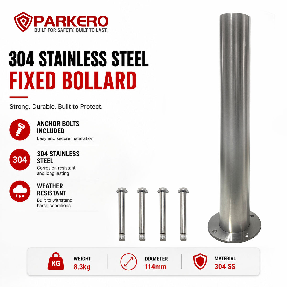 Stainless Surface Mounted Bollard, 90 x 11.4cm