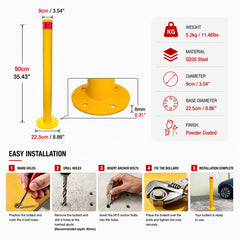 Yellow Heavy-duty Surface Mounted Bollard, 90 x 9cm