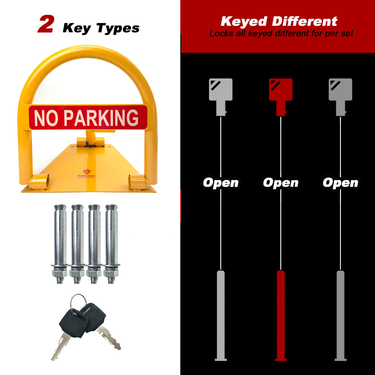 Parkero Fold-down Parking Barrier Keyed Different/Alike Vehicle Security Expension bolts