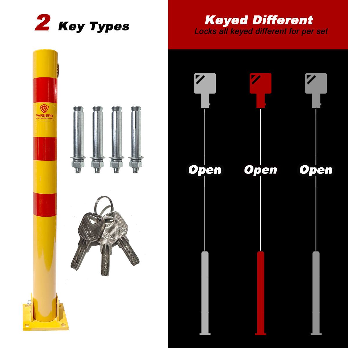Parkero 90cm Fold-down Parking Barrier With 4 x Expension bolts Keyed Different / Alike